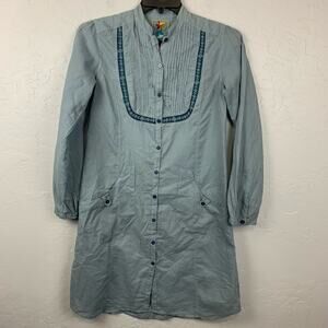 Johnny Was Shirt Dress Blue Painter Smock Embroidered Pockets Pintuck Size Small